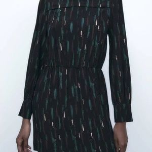 ZARA "Gabriela" Abstract Printed Long-Sleeve Short Dress NWT